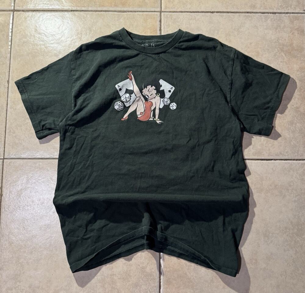 Betty Boop Feeling Aces Mens Green Graphic Print Crew Neck Tee Shirt Size M